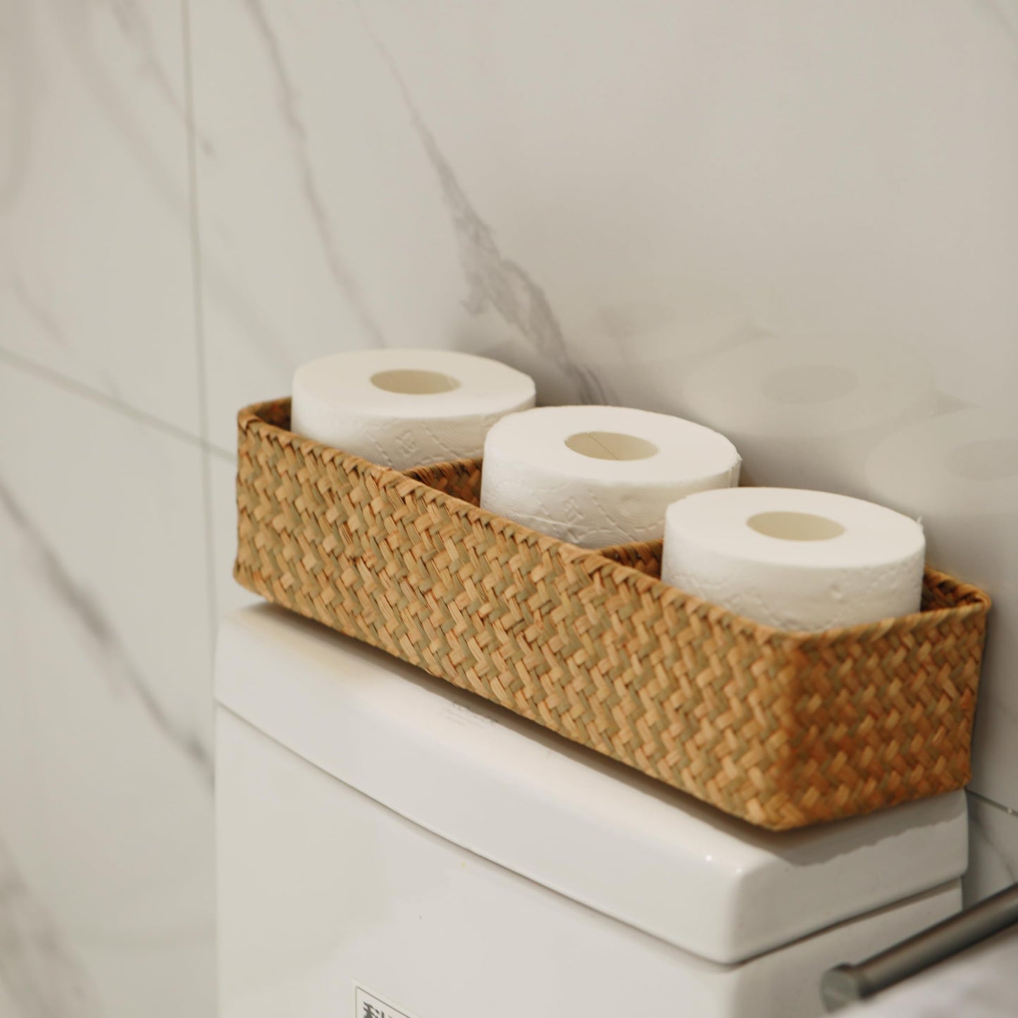 Seagrass Tank Basket for Toilet Paper 3 Sections Woven Storage Basket with Large Compartment (Natural 42cm x 14cm x 9cm)
