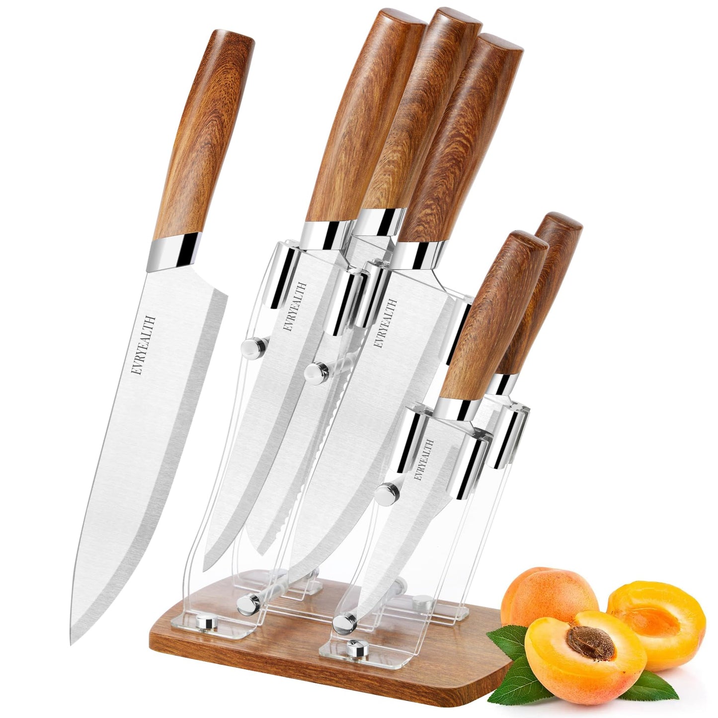 Acrylic Kitchen Knife Set - 5 Piece Set, Clear Base and Stainless Steel Blade, Includes Paring, Utility, Carving, Bread Knives (Wood Grain)