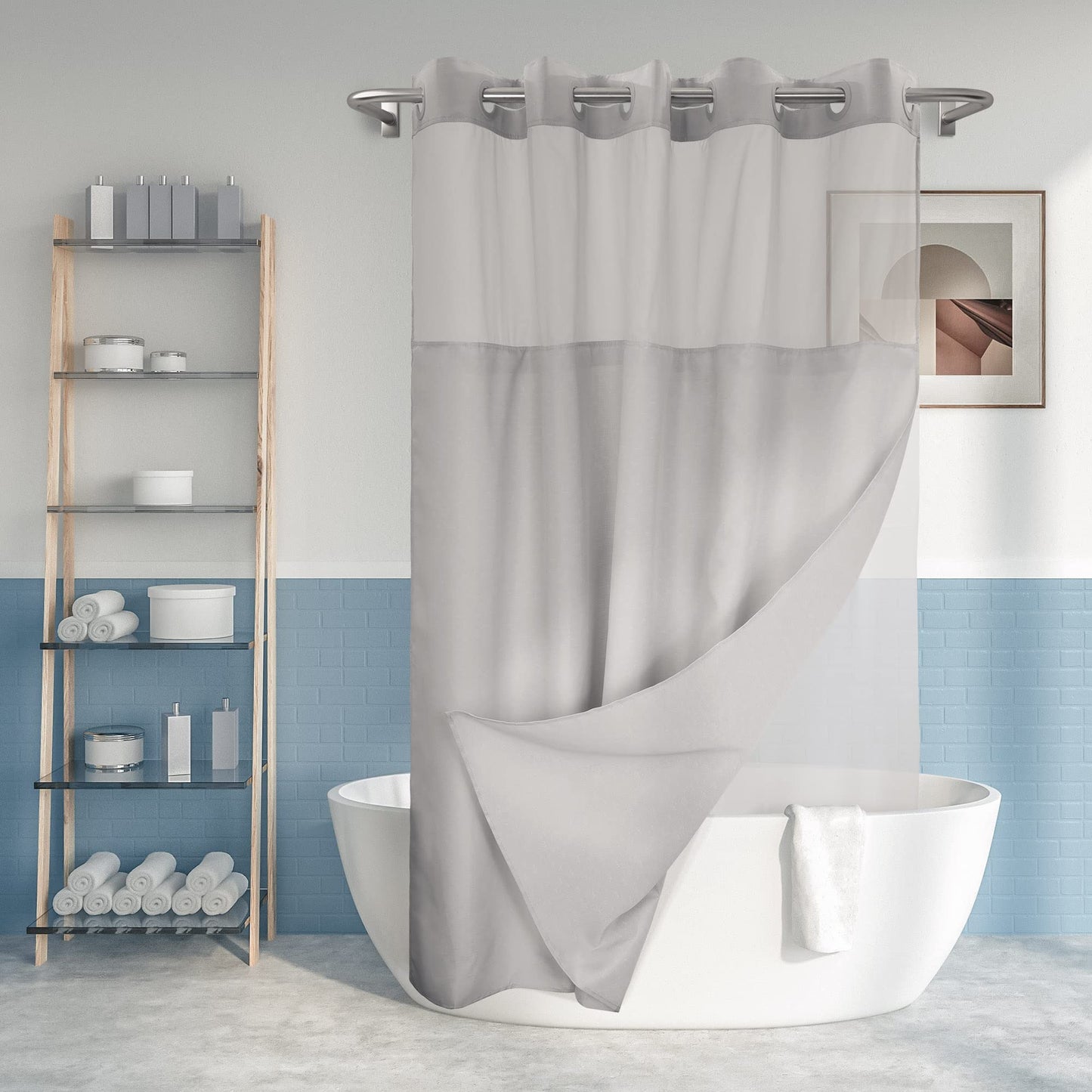 River Dream No Hook Slub Textured Shower Curtain with Snap-in PEVA Liner Set - 71" x 74"(72"), Hotel Style with See Through Top Window, Machine