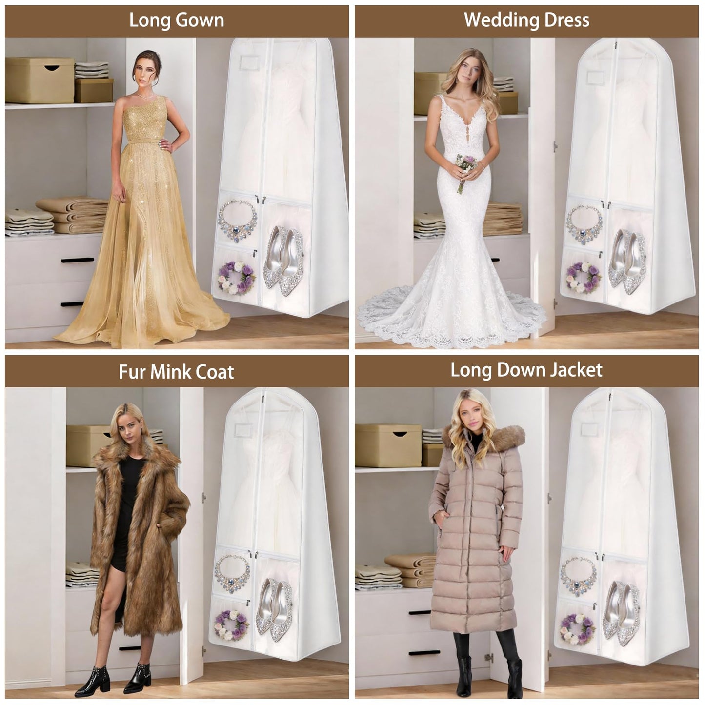 70" Wedding Dress Bag with Bride Tote Bag Covers Garment Bags with 3 Pockets and ID Slot Suit Carriers for Ball Gowns & Bridal Dress Dustproof Dress