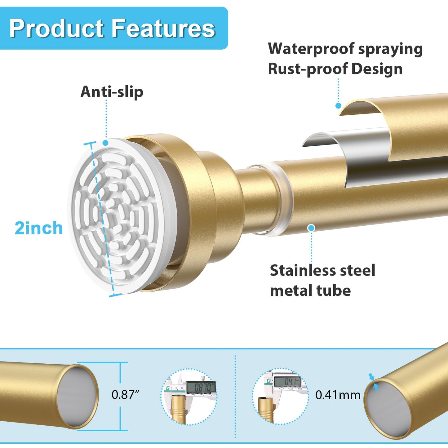 Shower Curtain Pole Extendable Curtain Poles 79-126 Cm Tension Rods For Curtains Extendable No Drill Shower Curtain Rail Non-Slip Gold Shower Pole