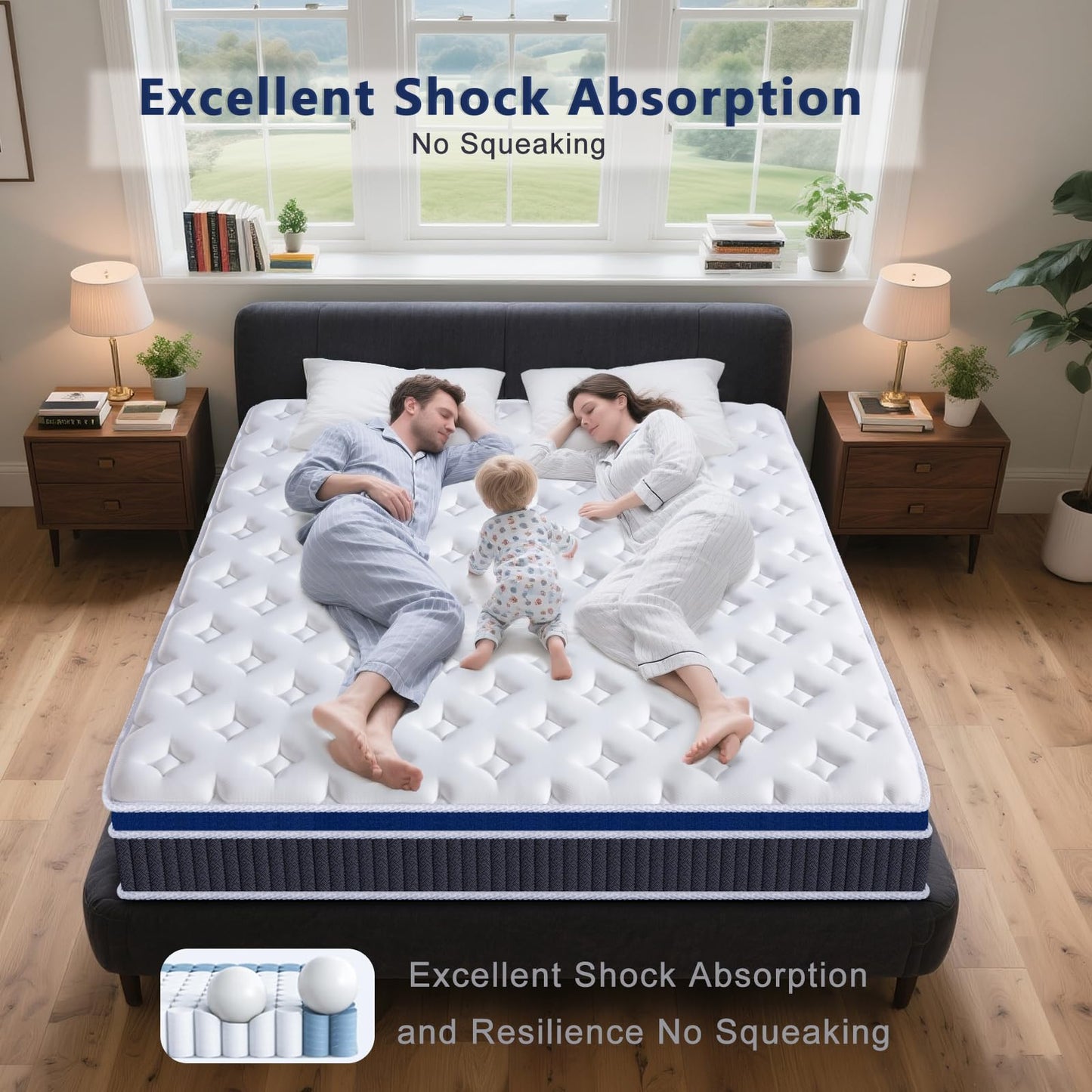 SEZMOONSI 4FT6 Double Mattresses, 10.6 Inch Gel Memory Foam Pocket Sprung Mattress Double Size for Pressure & Back Pain Relief