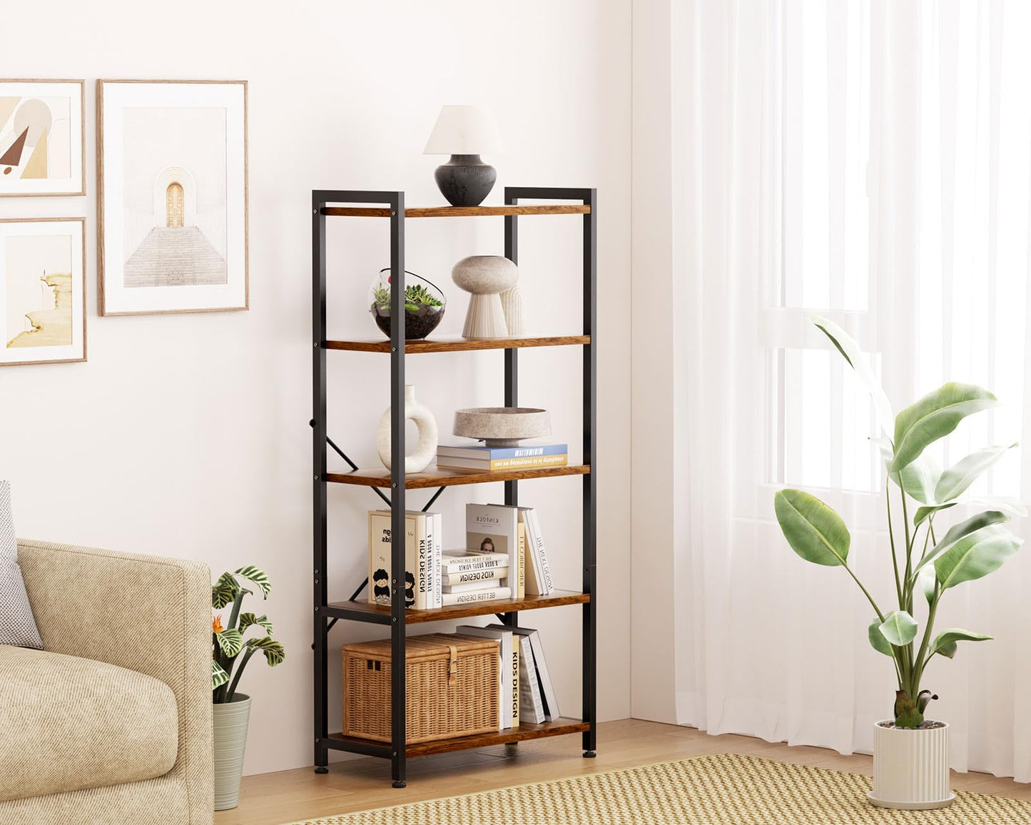 Coleshome 5-Tier Book Shelf Display Rustic Brown Industrial Bookcase