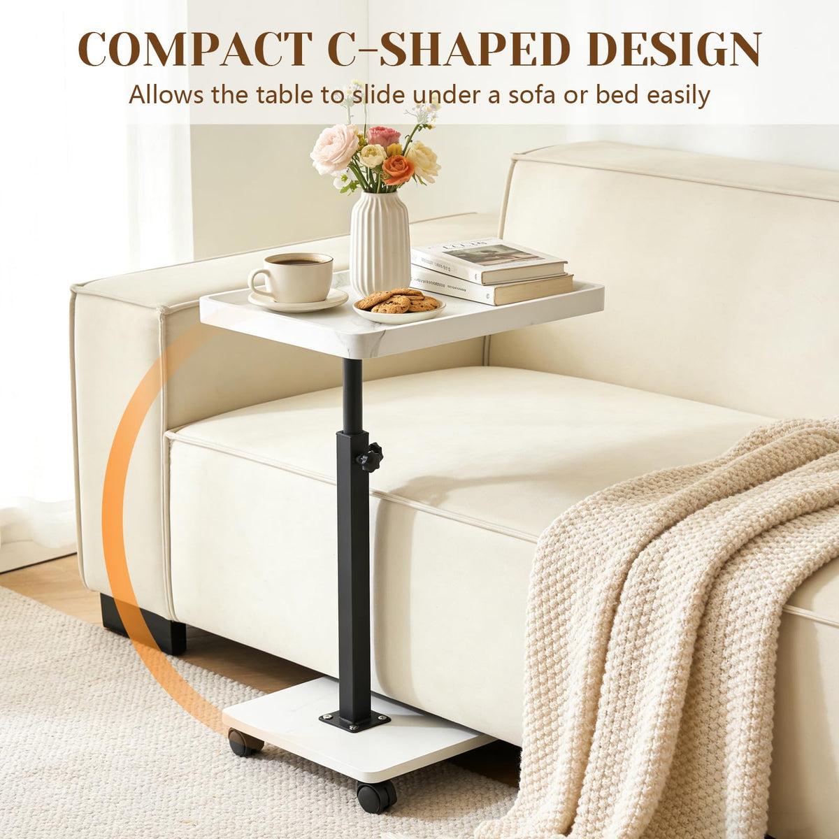 YYW Adjustable C Shaped Side Table with Wheels, 360° Swivel Sofa Table