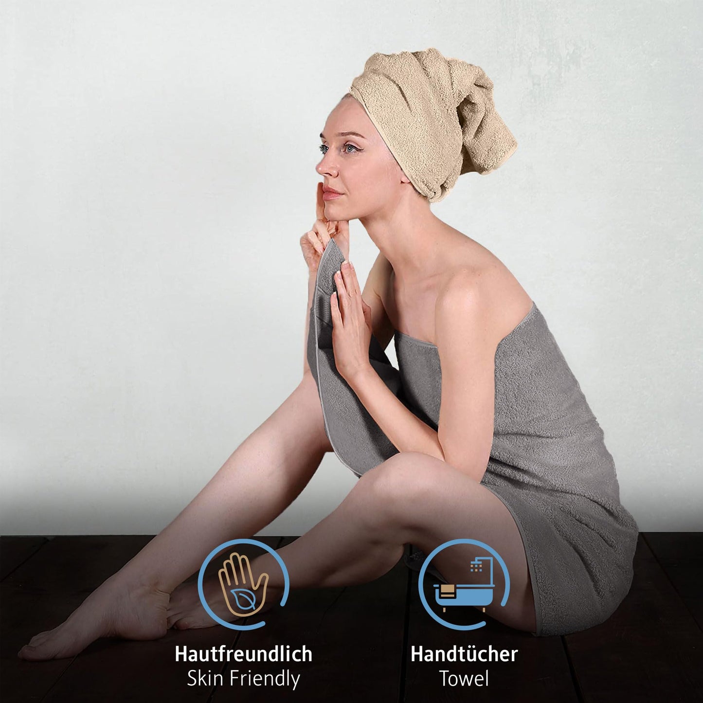 Komfortec Set of 8 Hand Towels 50 x 100 cm 100% Cotton Terry Towelling Soft Anthracite Grey/Beige