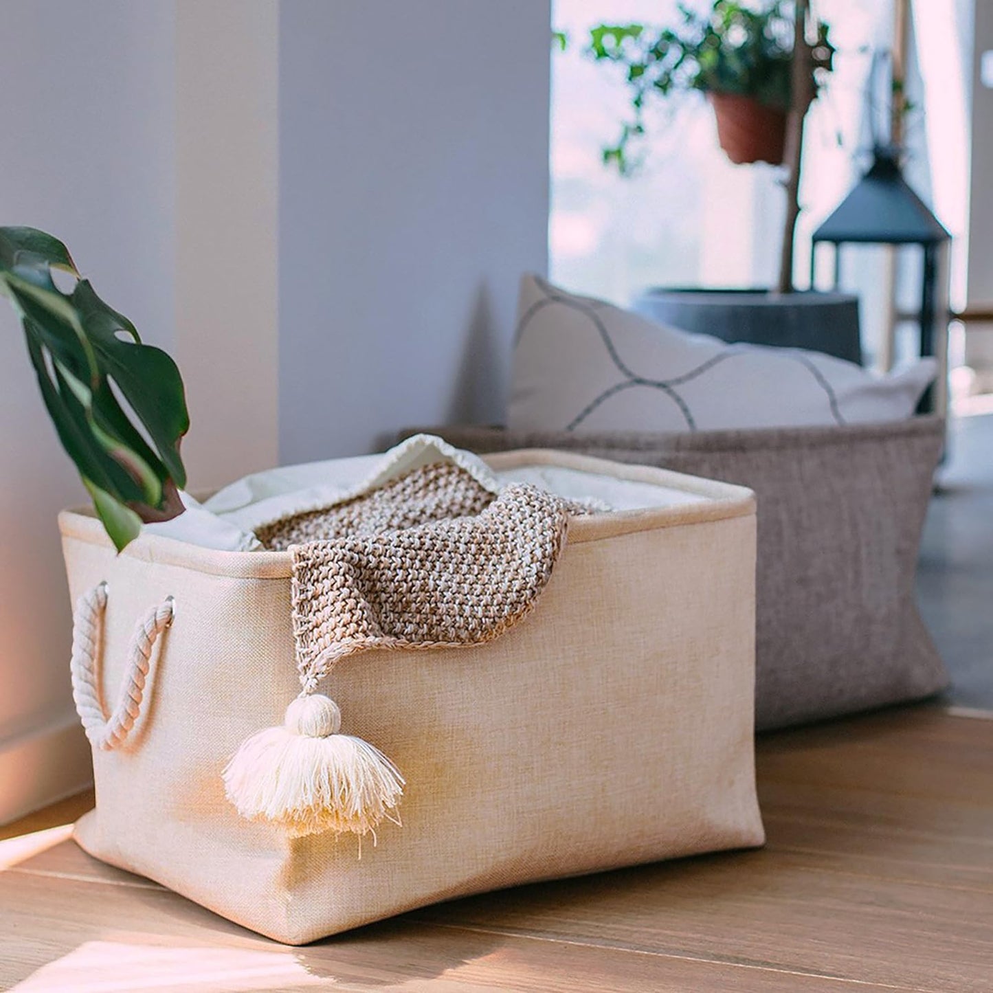 Mangata Fabric Storage Boxes, Storage Baskets for Shelves (Light Khaki, S)