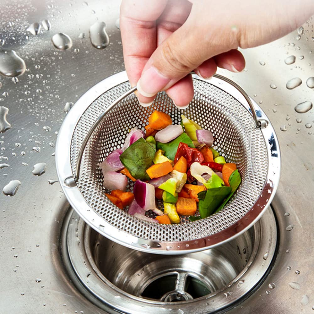 3 Pack Kitchen Sink Strainer, Stainless Steel Sink Strainer with Handle, Sink Drain Strainer Food Catcher, Anti-Clogging, Outer Diameter 11cm, Inner