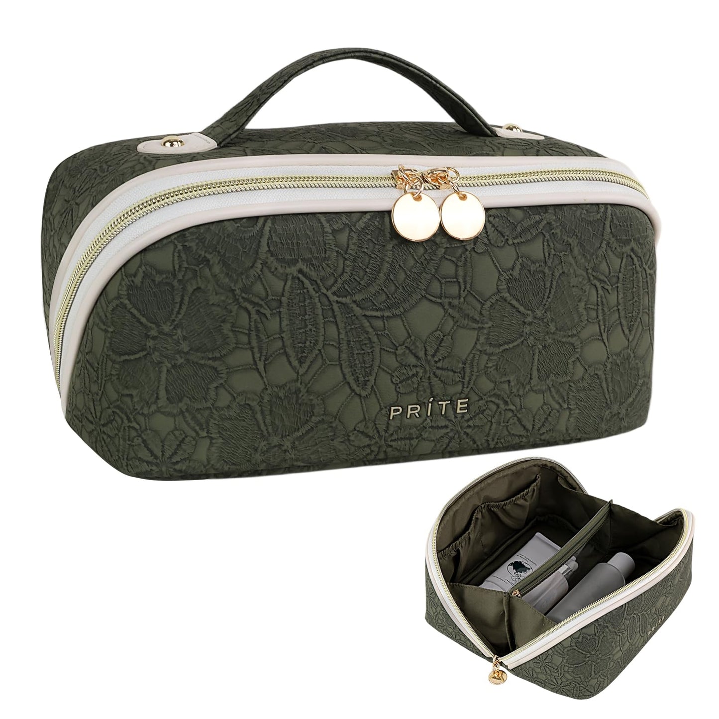 Prite Large Capacity Makeup Bag Portable Travel Cosmetic Bag Waterproof Toiletry Case with Clear Divider and Handle (Green Flower M)