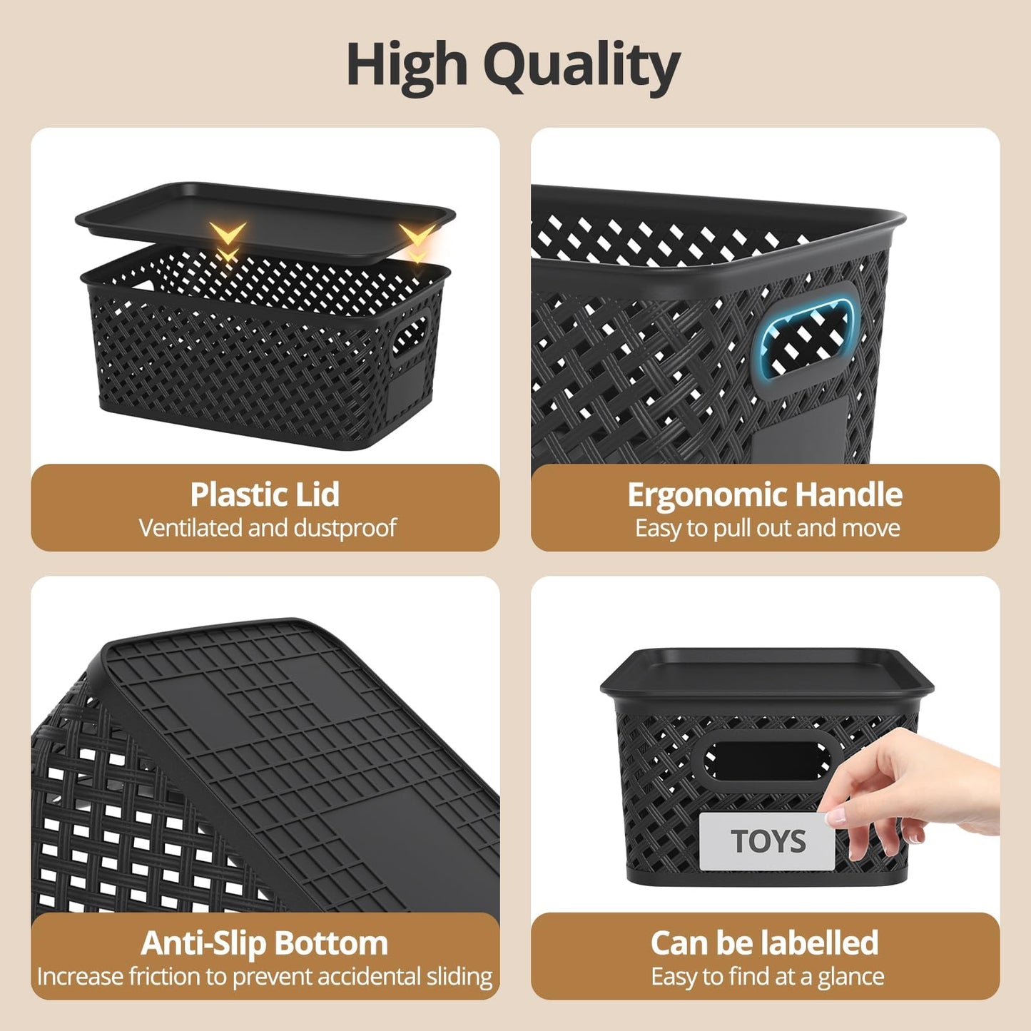 HapiLeap Plastic Storage Baskets With Lid Set of 6 Pack, Storage Boxes for Organizing