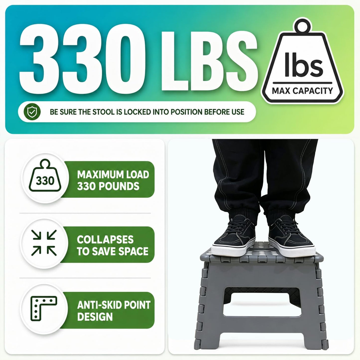 MASS DYNAMIC 9 Inch Folding Step Stool, Portable Plastic Footstool with Carry Handle, Non-Slip Top, Compact Collapsible Seat for Kitchen, Bathroom