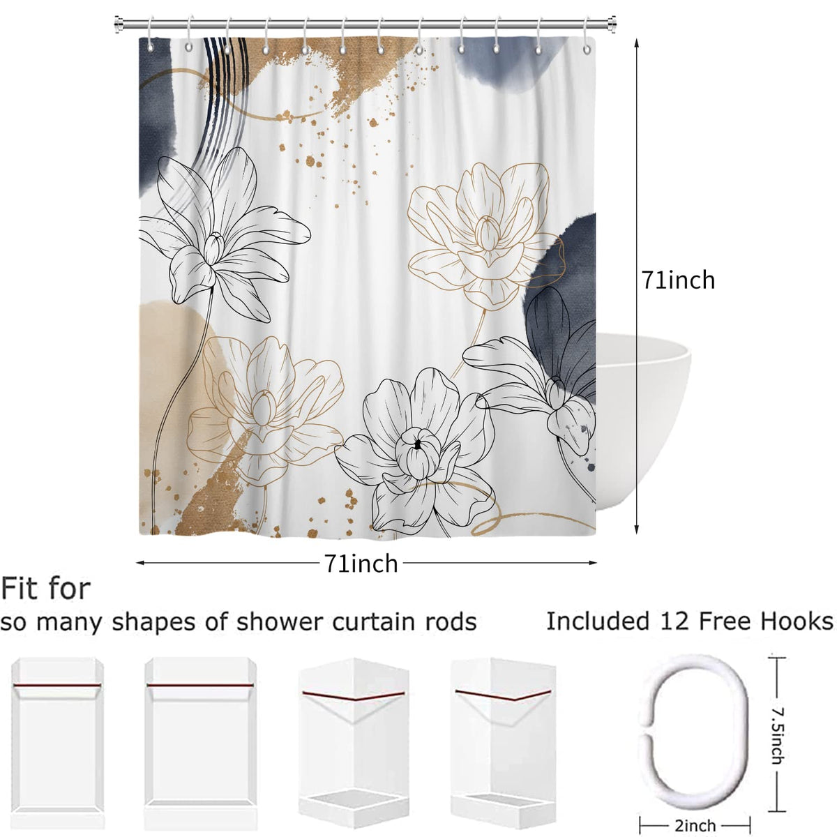 Hnmdmyi Boho Shower Curtain 180x180, Abstract Floral Shower Curtains Mid Century Modern Geometric Minimalist Aesthetic Art Bathroom Curtains