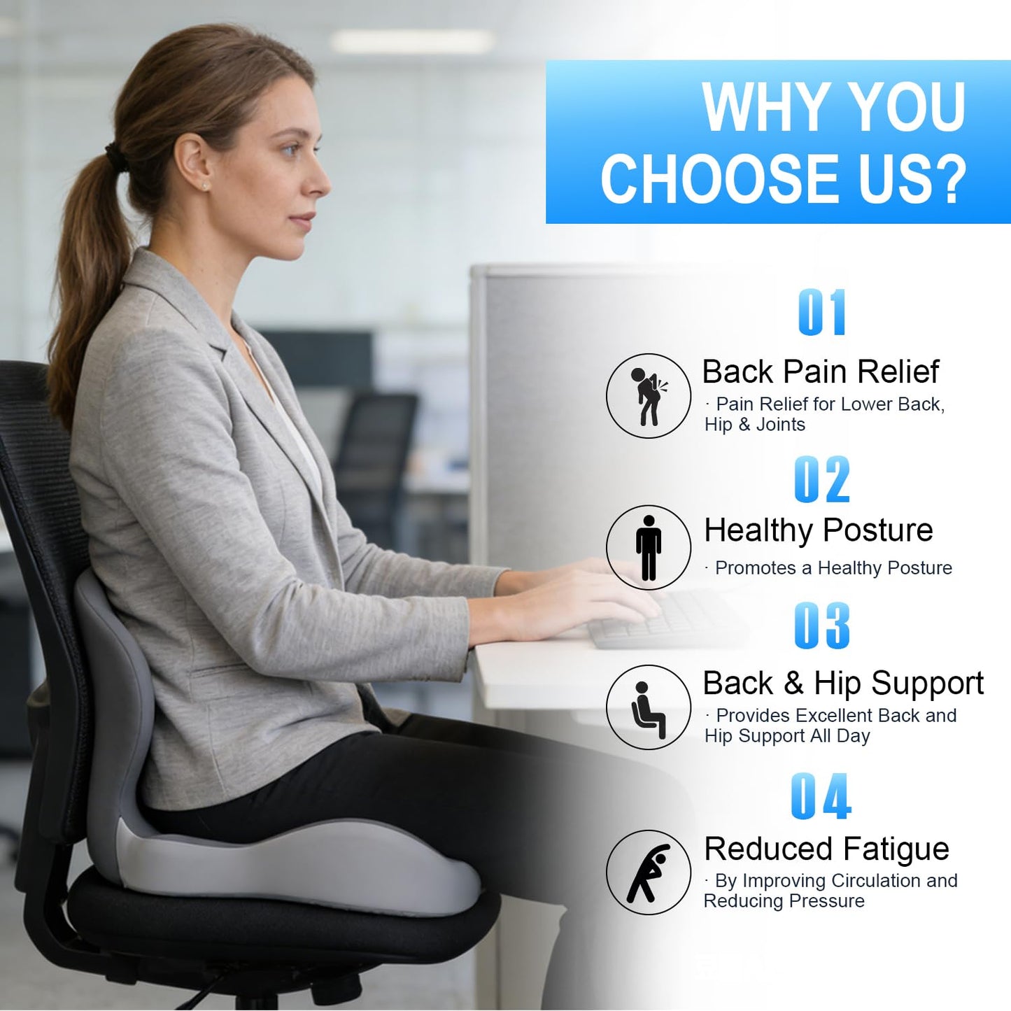 Gresonic Ergonomic Memory Foam Seat Cushion, For Office, Car, Gaming & Dining Chairs, Sciatica, Tailbone & Coccyx Pain Relief