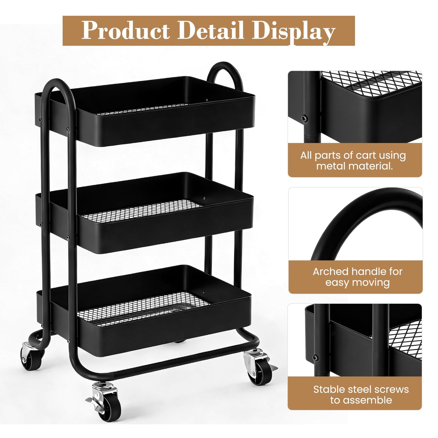 Mordchil EU 3 Tier Metal Utility Cart with Lockable Wheels for Storage, Rolling Utility Trolley Storage Cart for Home & Office, Black