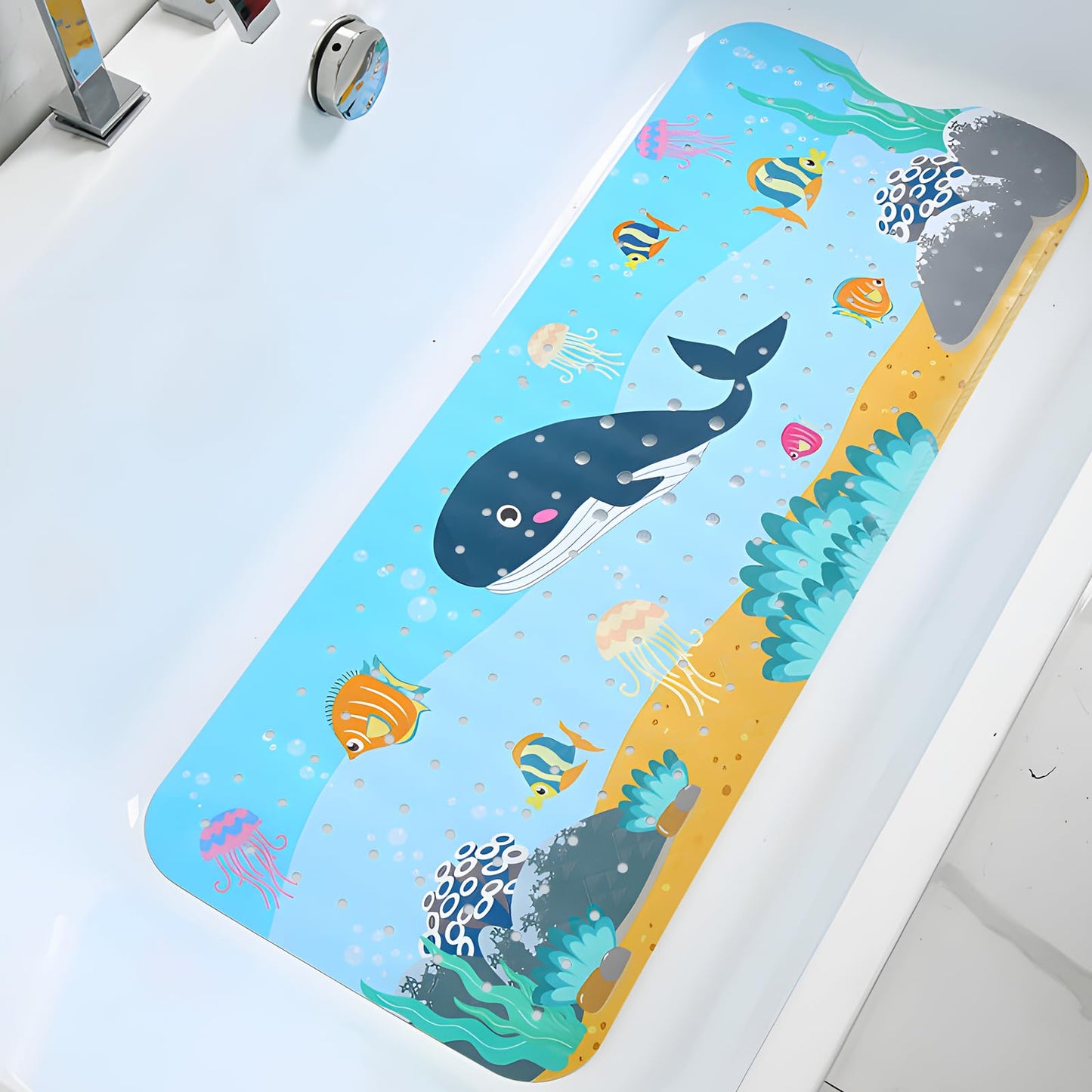 Baby Bath Mat Non Slip Anti Mould, Extra Long Bath Shower Tub Mat 100 x 40cm with Suction Cups and Drain Holes, Cartoon Patterned Kids Shower Mats,