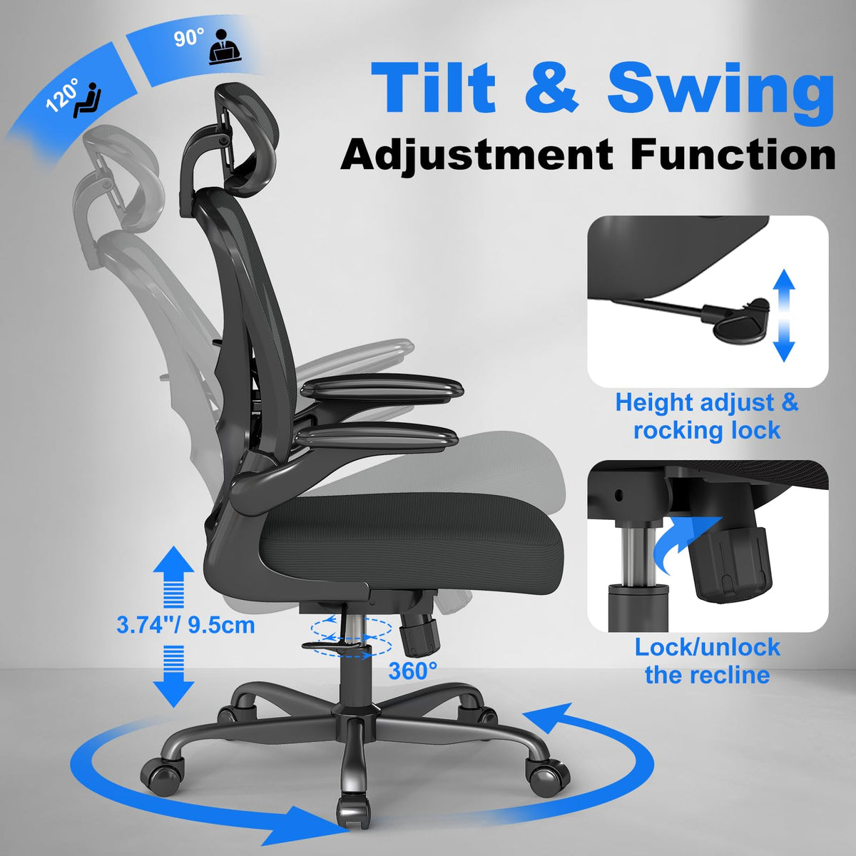 Keratee Ergonomic Office Chair with Adjustable Lumbar Support and Headrest, 136 KG Swivel Desk Chair with Flip-Up Arms