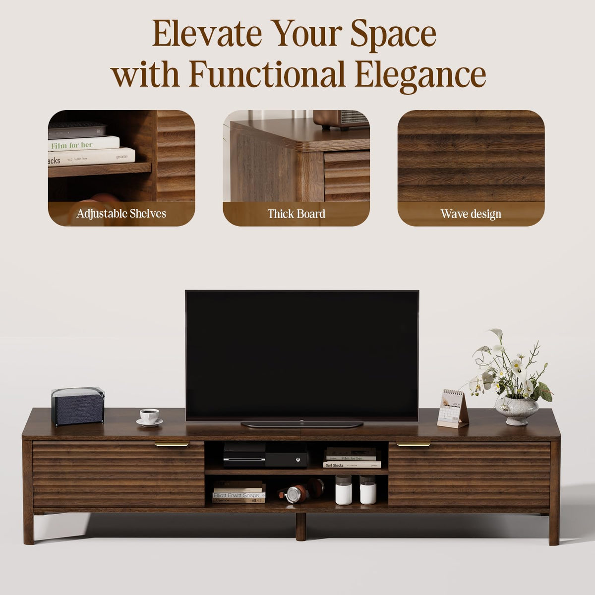 IKALIFE Wooden TV Unit, 200cm Long TV Stand Cabinet with Storage, Walnut