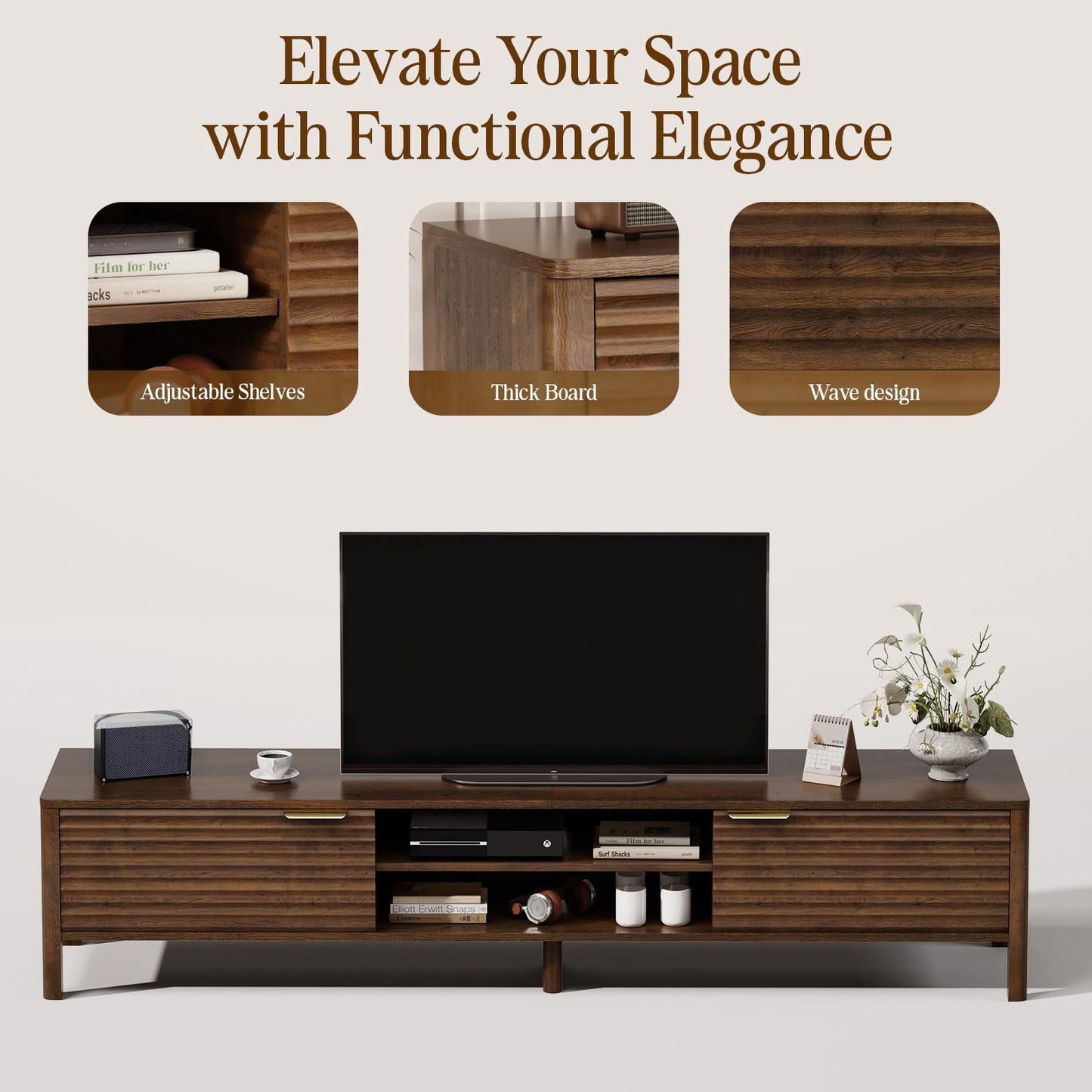 IKALIFE 180cm Walnut TV Unit, Wooden TV Stand Cabinet with Storage
