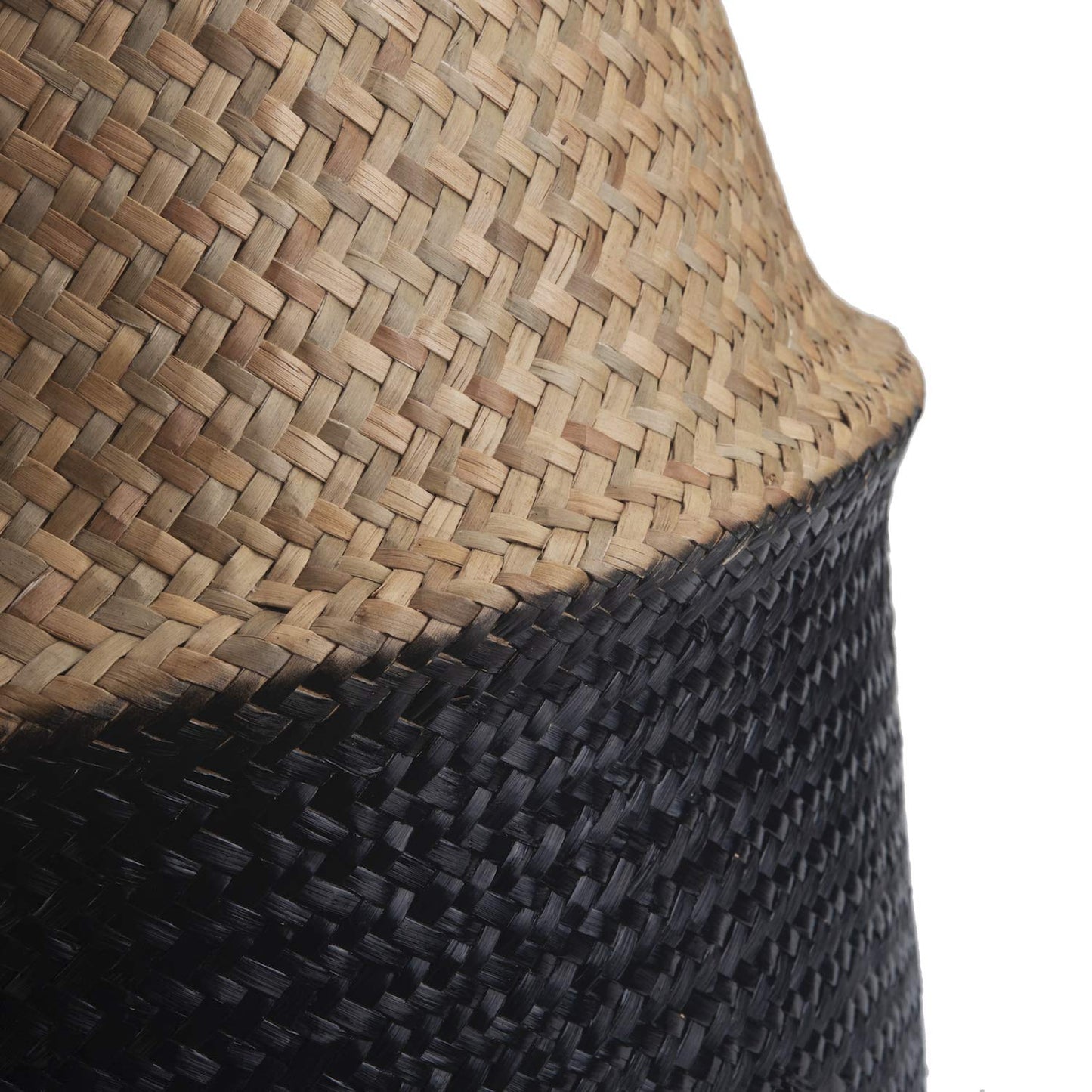 Seagrass Belly Basket Natural Woven Plant Pot Foldable with Handles for Storage Laundry Blankets Toys (Natural + Black)