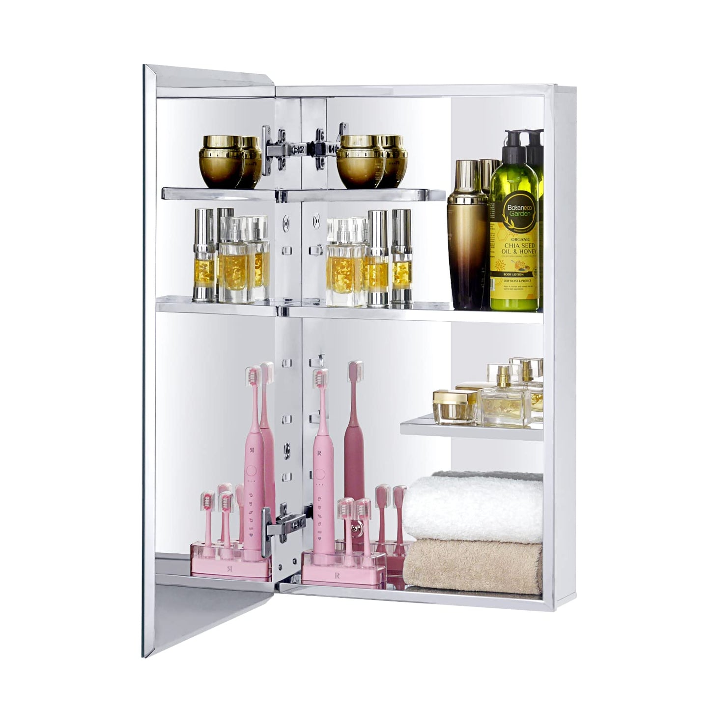 Fundin Stainless steel bathroom mirror cabinet, wall mount and flush mount, 38x65 cm,with unique half-shelves for greater adjustability.