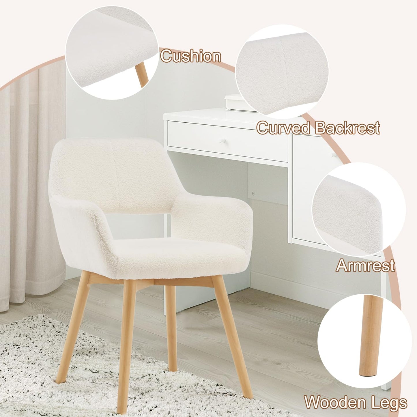 YEEFY Desk Chair No Wheels Vanity Chair Comfy Accent Chair for Living Dining Room Bedroom Home Office Mid Century Modern Upholstered Armchair with