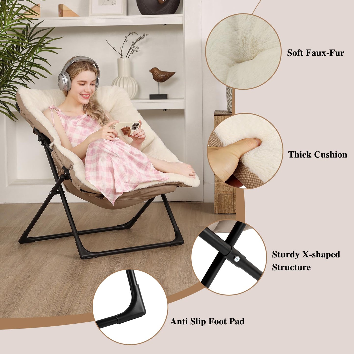 Mordchil EU Armchair Saucer Chair, Comfy Faux-Fur Reading Chair for Bedroom, Oversized Accent Moon Chairs for Teens and Adults