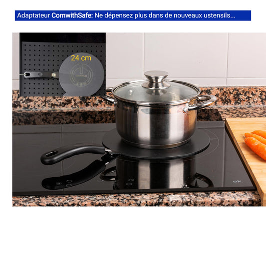 ComwithSafe Induction Adaptor 24 cm with Removable Insulating Handle Does Not Change Colour After Use Heat Diffuser Plate with Black High