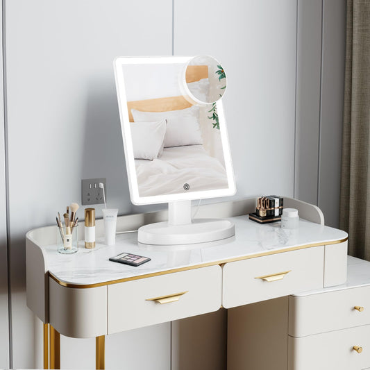 FUNTOUCH Large Lighted Makeup Mirror with Lights, 3 Color Lighting Modes Light up Mirror with 88 LED, 10X Magnification and 360Rotation,Dual Power