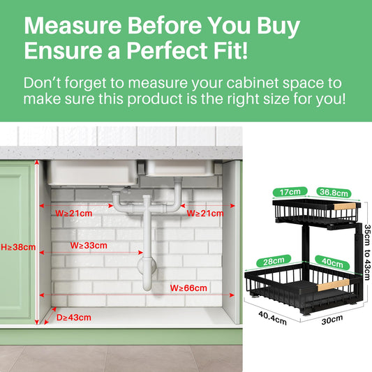 Kitstorack 2 Pack Under Sink Storage, 2 Tier Metal Pull Out Kitchen Under Sink Organiser, Kitchen Storage & Organisation Under Cupboard Storage for