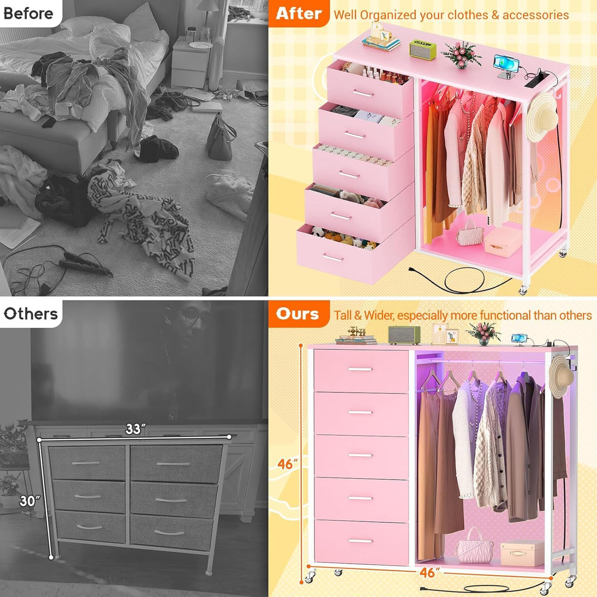 iSunirm 2 in 1 Chest of Drawers, Dresser for Bedroom,5 Fabric Drawers Dresser with LED Lights & Charging Station,Open Wardrobe with Clothes Rack,Pink
