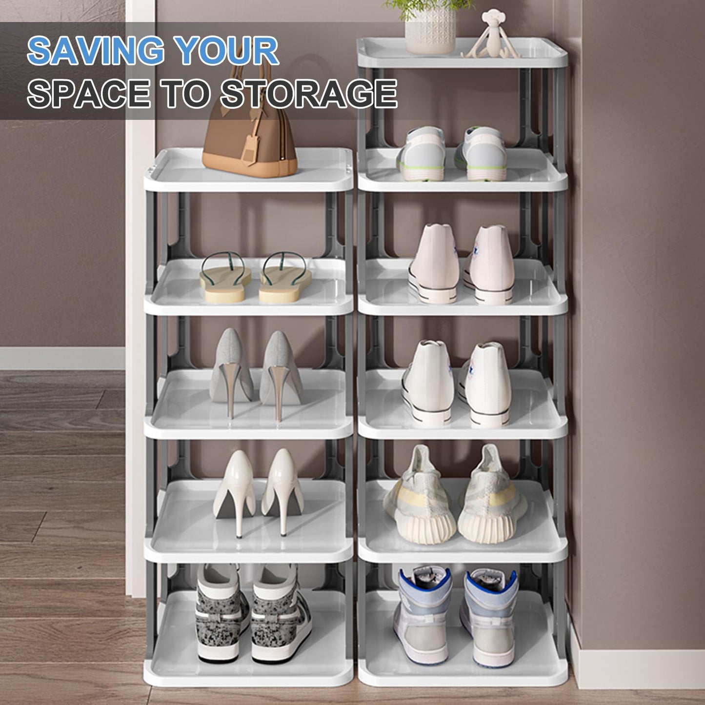 Sourcing Map 2-Tier Stackable Storage Organizer - Adjustable Vertical Shoe Rack With Portable Folding Holder Shelf for Entryway, Living Room, Garage