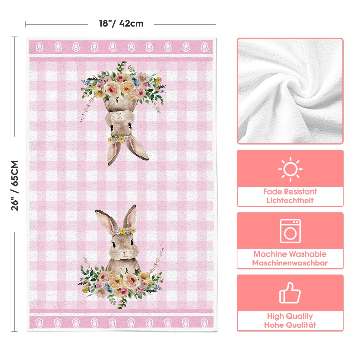 Artoid Mode Pink Buffalo Plaid Flowers Rabbit Happy Easter Kitchen Towels Dish Towels, 42x65 cm Spring Polyester Decoration Hand Towels Set of 2