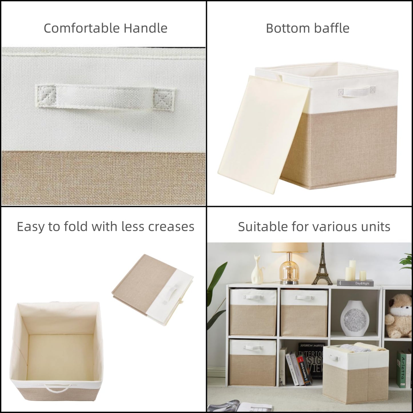 SOCOHOME Cube Storage Boxes,33x33x33cm Foldable Fabric Storage Basket for Toys Clothes Shelf Nursery Closet(Light Khaki/Creamy White, Set of 3)
