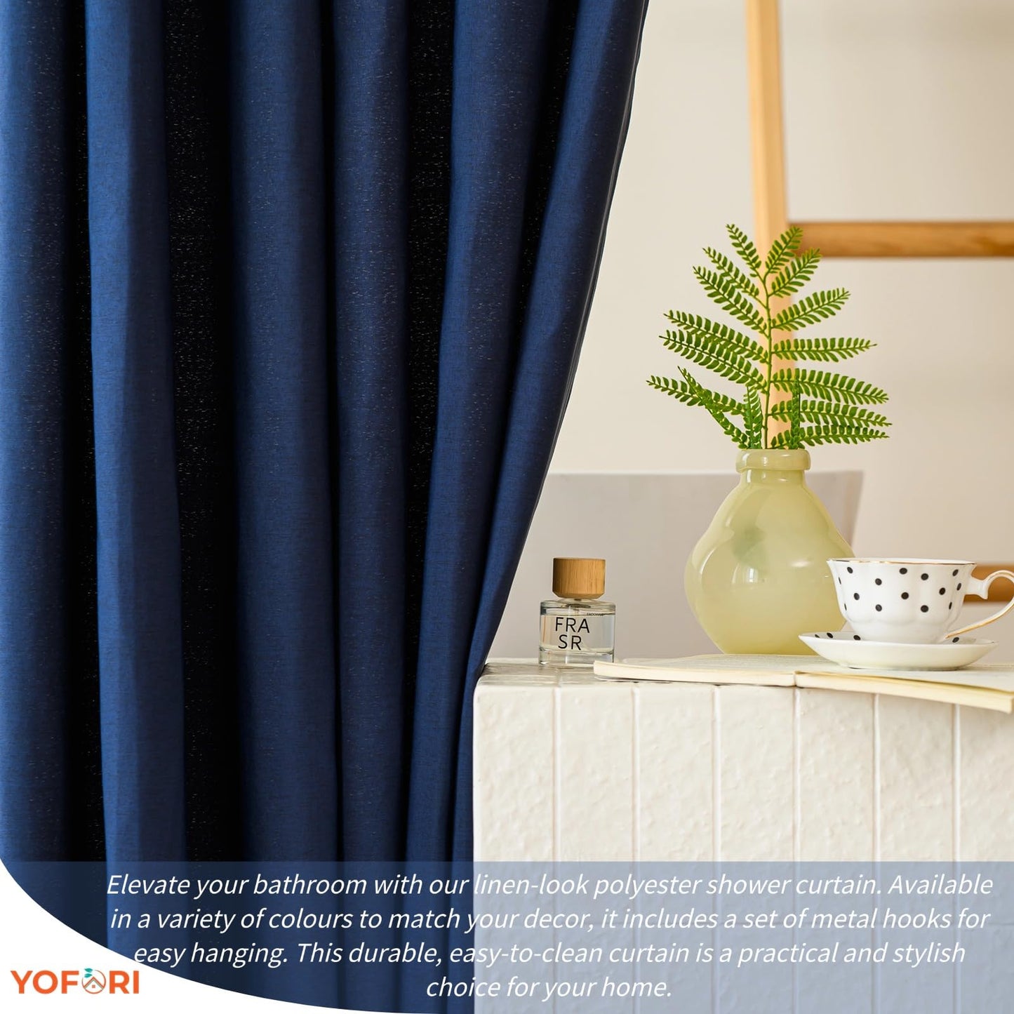 Yofori Navy Blue Shower Curtain for Bathroom, Fabric Shower Curtains Faux Linen Polyester Wet Room Shower Curtains Sets with Metal Hooks, 183x183cm