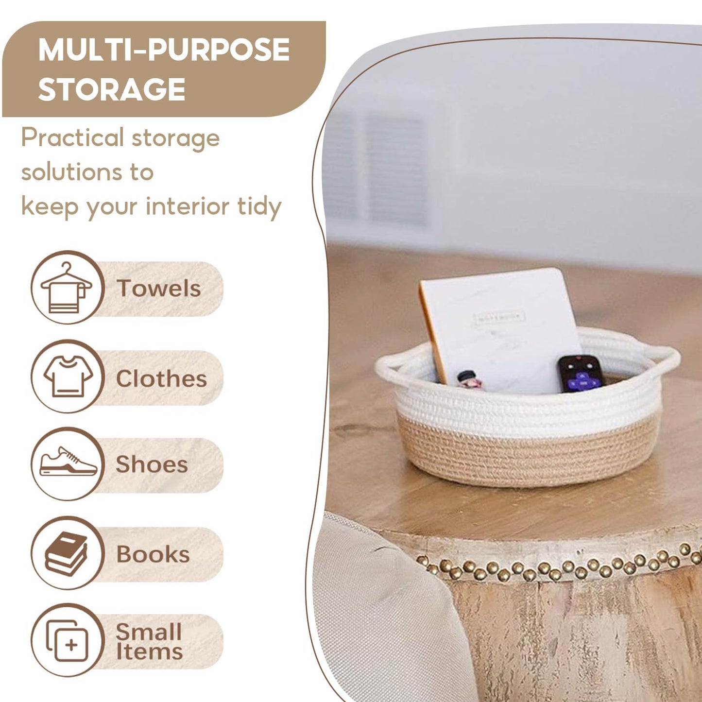 Set of 5 Storage Basket Woven Cotton Rope, Shelf Baskets with Handles for Toy Bathroom Storage