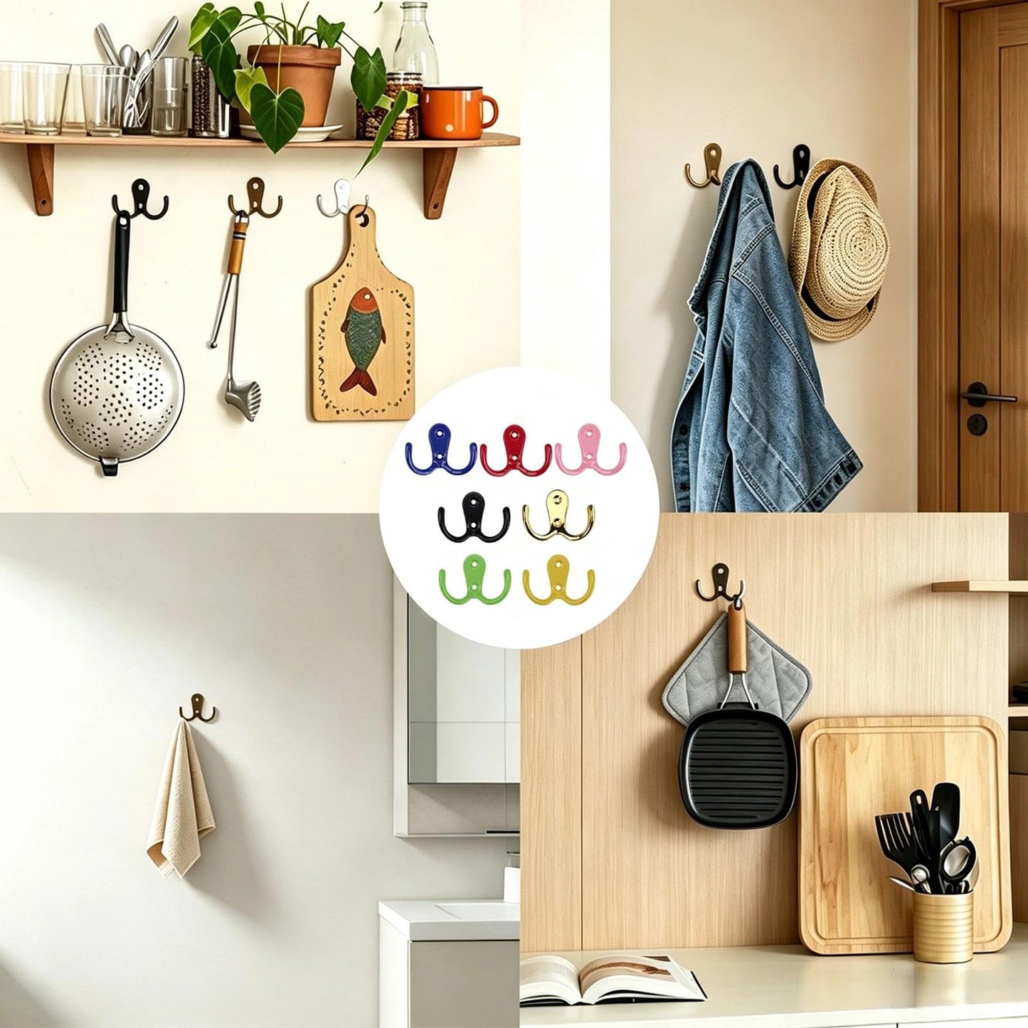 ZIJANG 7 Colorful Double Coat Hooks, Zinc Alloy Wall Hook (with Screws), Electroplated Coat Pegs, Suitable for Bedrooms, Bathrooms and Kitchens