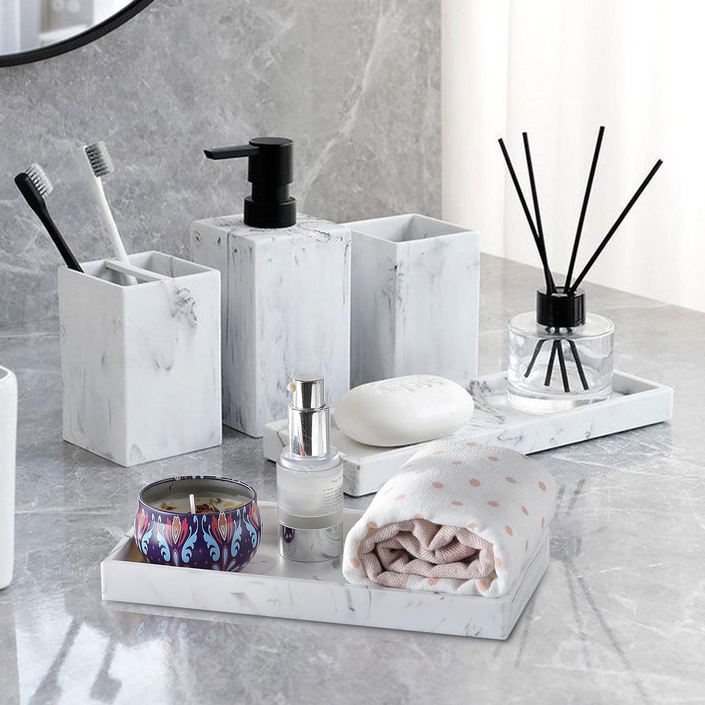 Bathroom Tray Rectangular Silicone Bowl Marble Pattern Storage Tray Jewellery Storage Box Cosmetic Tray Decorative Tray White for Kitchen Pack of 2