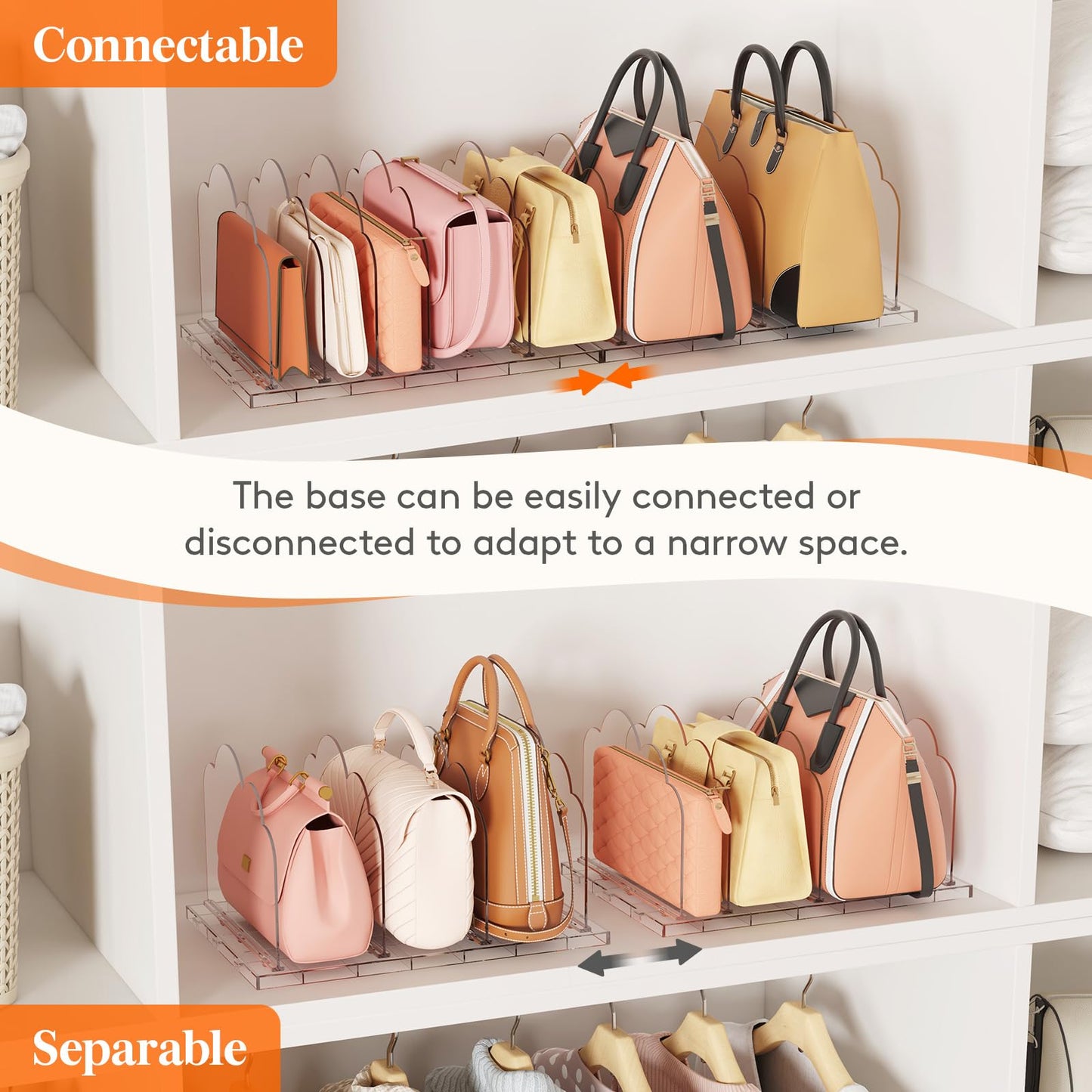 Lifewit Adjustable Handbag Organiser for Wardrobe, 18.5 cm Tall Clear Plastic Purse Organiser for Closet, 2 Pack Bag Shelf Divider in Bedroom/Closet
