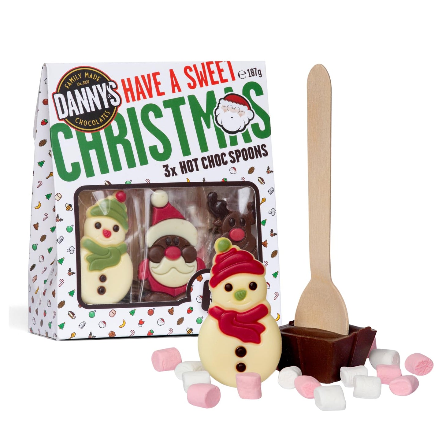 Danny's Christmas Chocolate Friends | Hot Chocolate Spoons with Marshmallows + Santa, Snowman & Rudlof Characters | 3 x 62g Mighty Milk Hot Choc