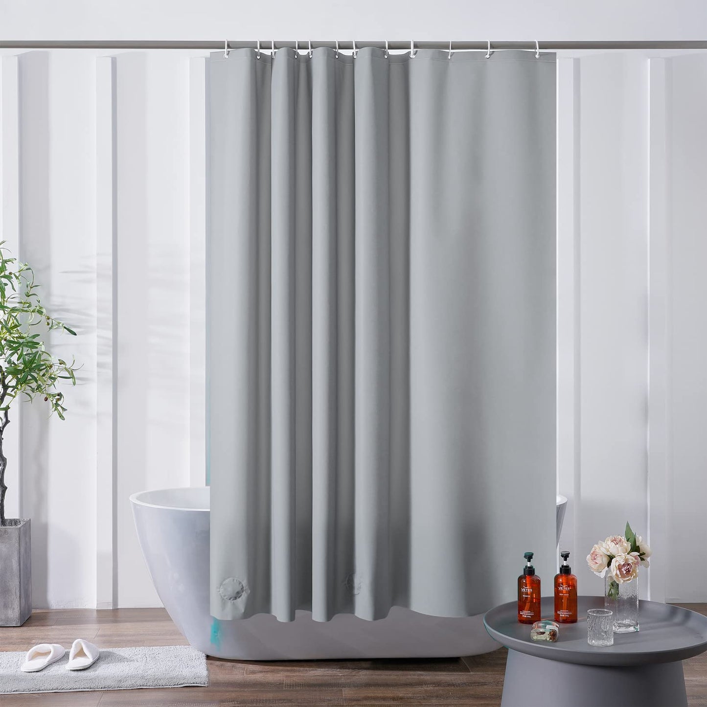 Furlinic Grey Shower Curtain Liner 180x180 cm Square Weighted Wet Room Shower Curtains Mould Proof Resistant Waterproof for Bathroom with 12 Hooks 72
