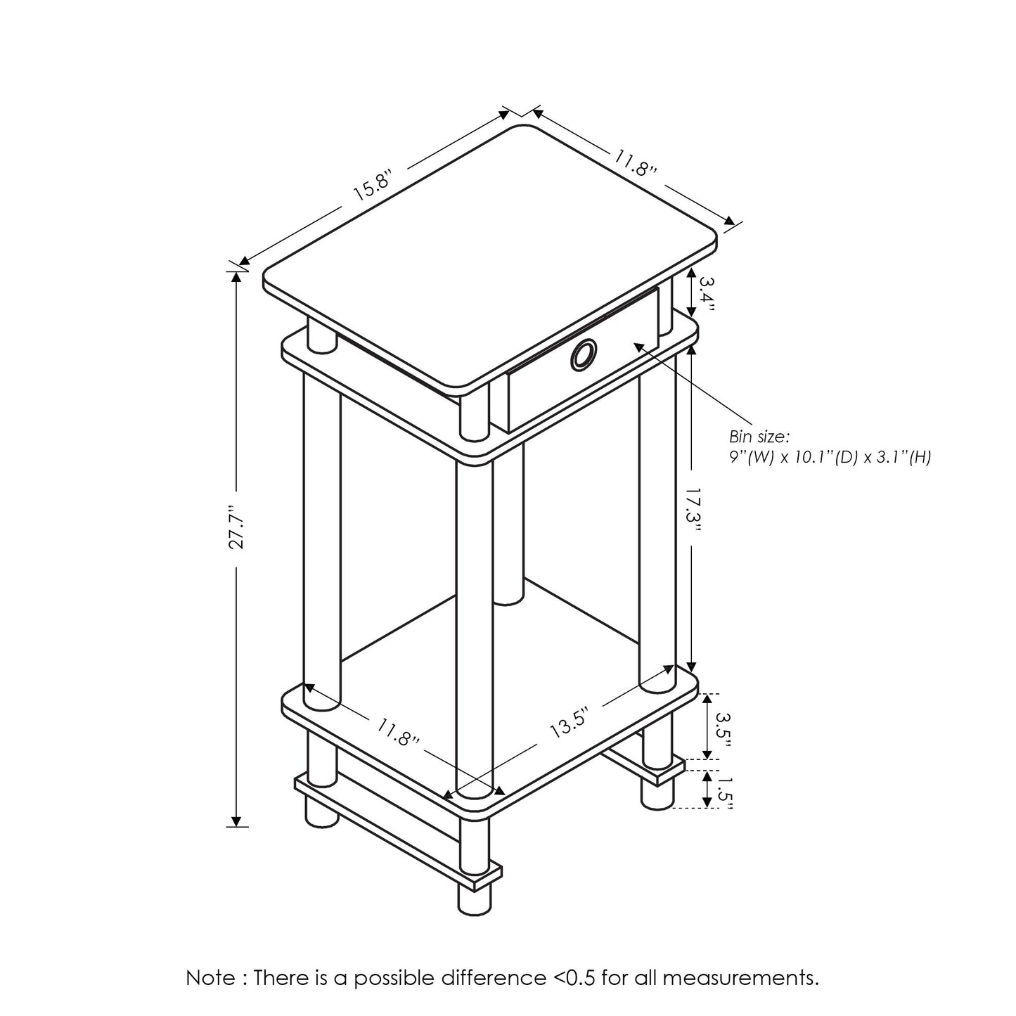 Furinno TURN-N-TUBE Side Table Set of 2, 3-Tier End Table with Storage Bin, Open Shelf Night Stand, Bedside Table, for Living Room, Bedroom