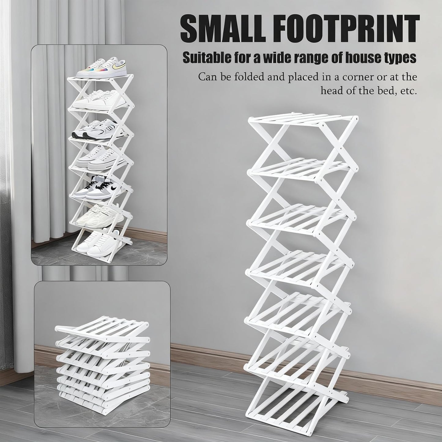 GIRYES Small Shoe Rack White, 7 Tier Bamboo Foldable Shoes Organizer Free Standing Shelf for Entryway, Bedrooms, Closet, Living Room Corner