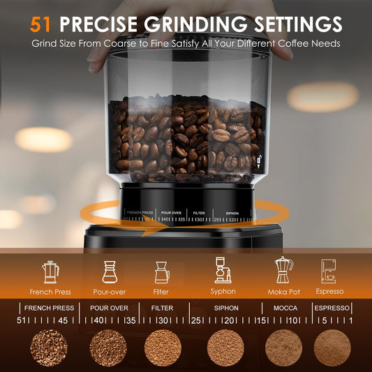Homtone Conical Burr Coffee Grinder Electric for Portafilter and Container, 51 Grind Settings Adjustable Coffee Grinder for Drip/Pour
