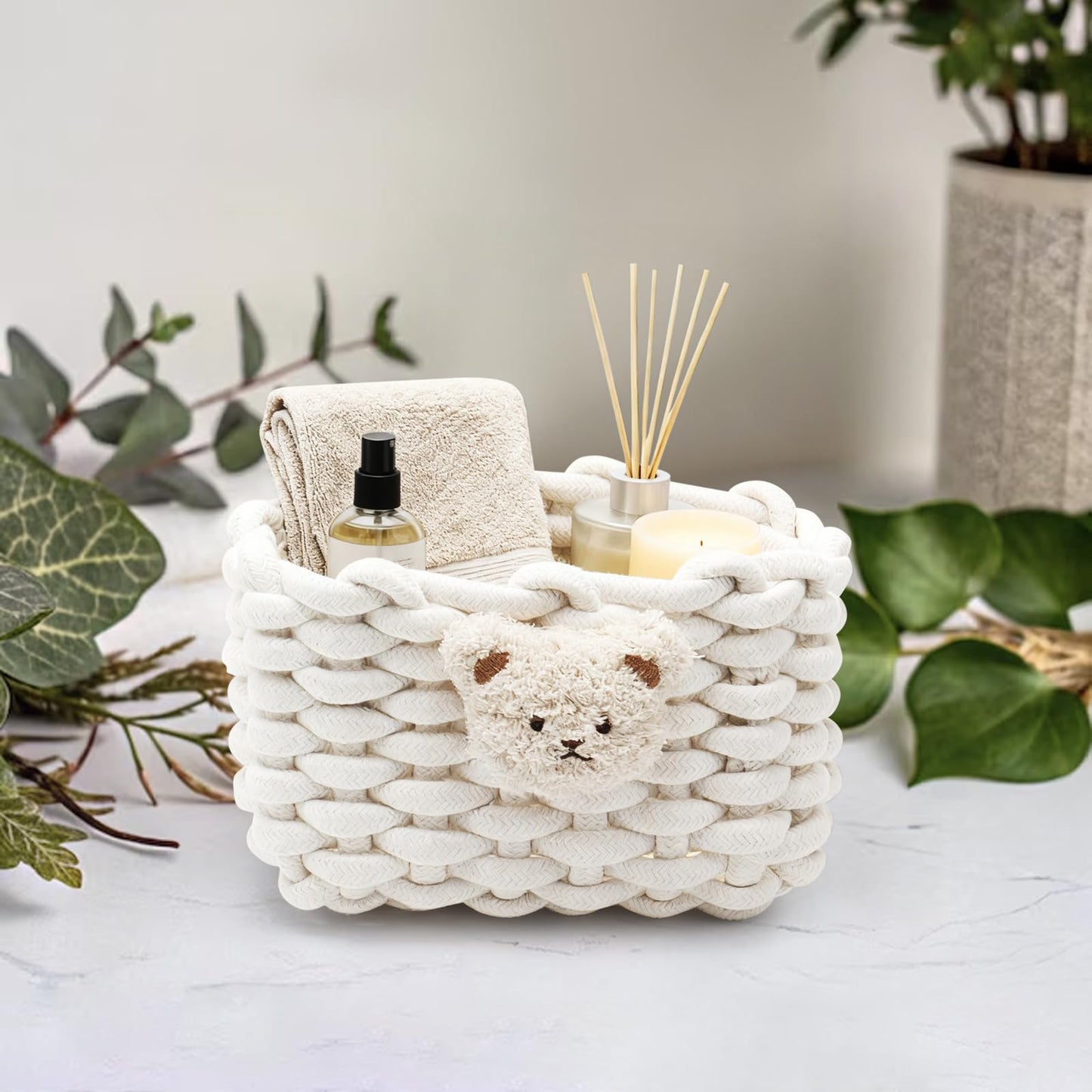 Woven Cotton Wicker Storage Basket with Bear Motif, White - Bathroom Organizer for Desk, Makeup Table, Cabinets, Bath, Kitchen (White)