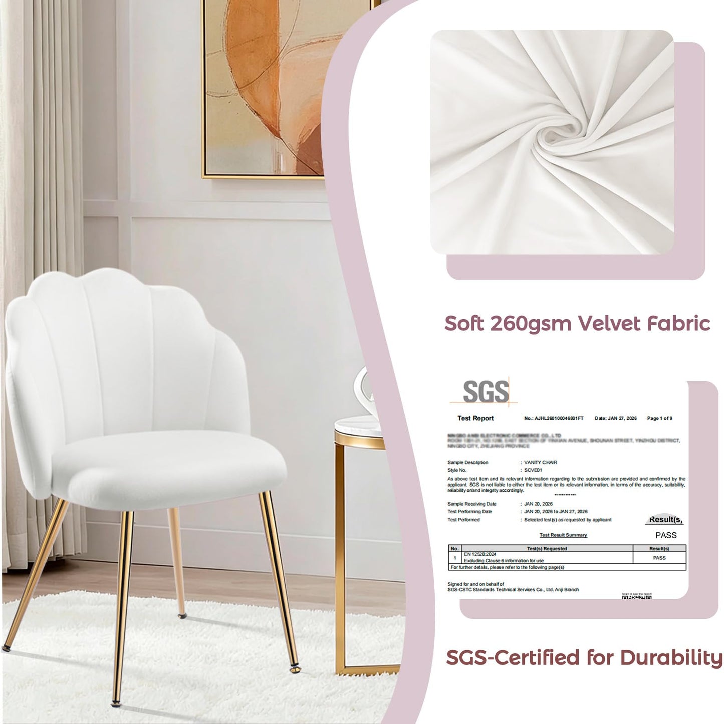 Eufurnibi Velvet Shell Chair with Gold Legs, Vanity Chair for Bedroom Dressing Table, White Upholstered Accent Chair for Living Room