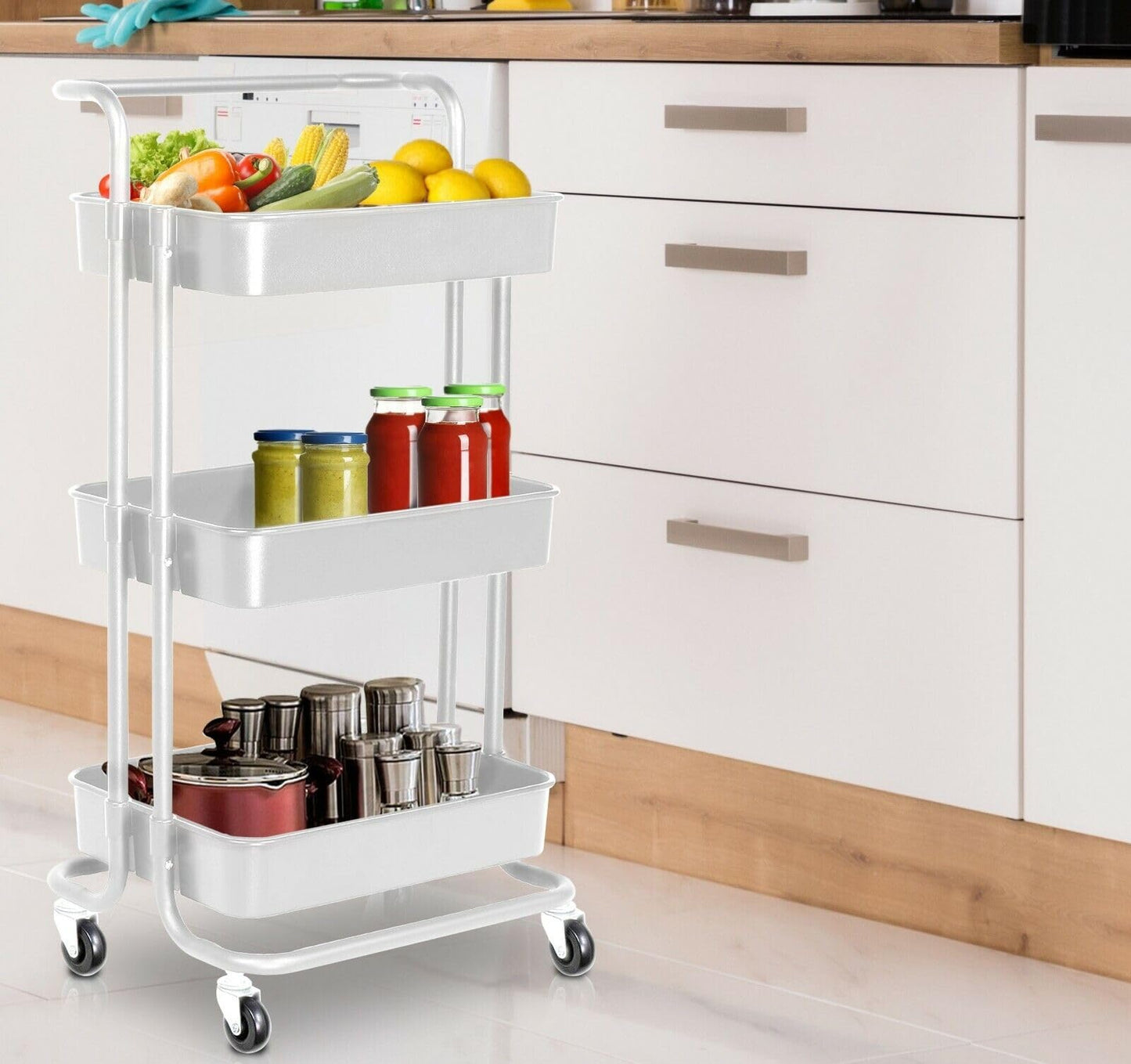 Multibao 3 Tier Storage Trolley on Wheels Cart Kitchen Utility Rolling Rack Tray Shelf for Kitchen Bathroom Laundry and Office (White)