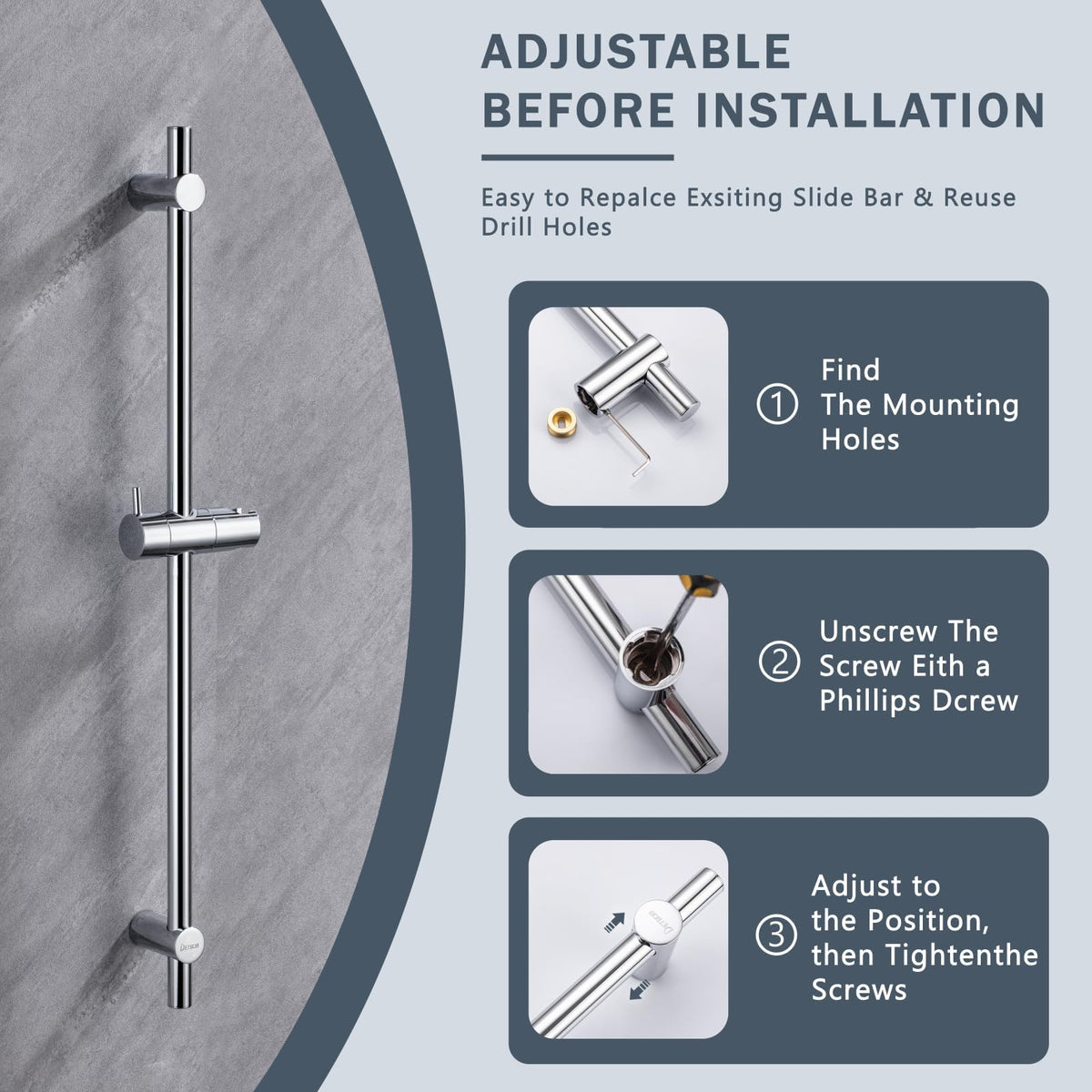 DETBOM Shower Riser Rail 70cm27.56", Segmented Wall Mounted Shower Rail, Wall Mounted Shower Rail kit, Adjustable Shower Head Holder Bar