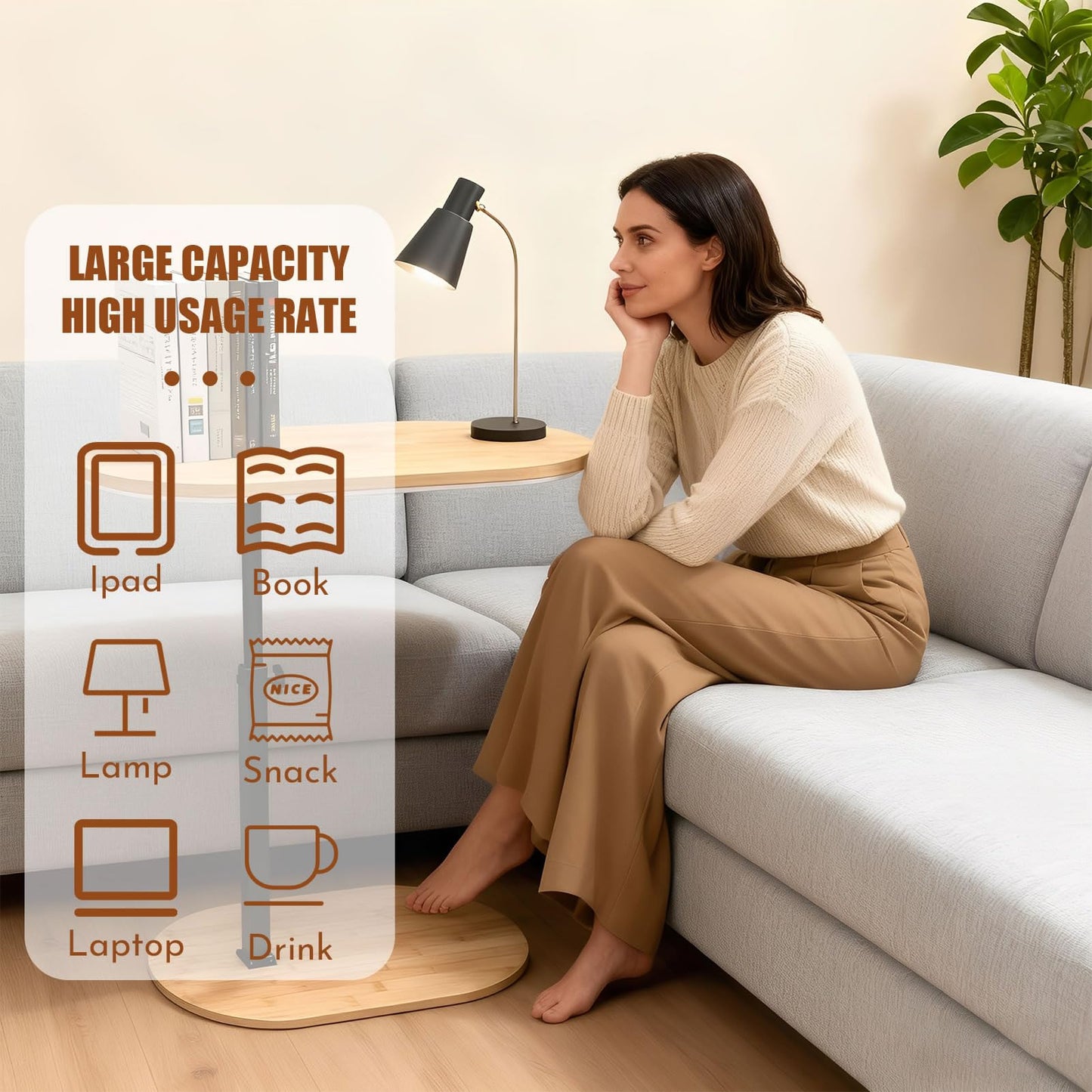 YASHIIN C-Shaped Bamboo Side Table, with Rotating TV Tray, Perfect for Living Room BedSofa Use, 40 to 75 cm Height 360° Rotatable Top, Sturdy Design