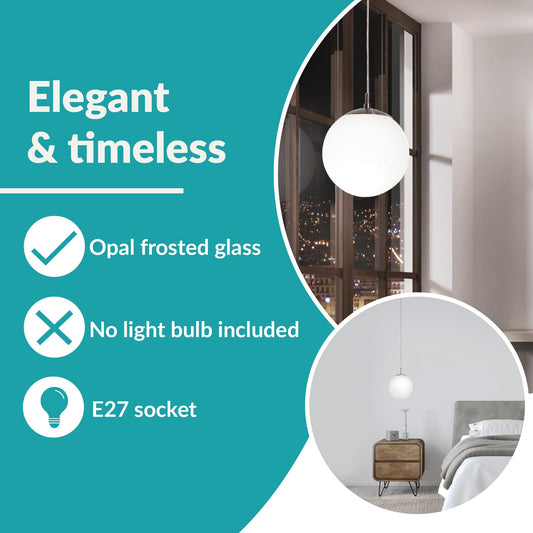 EGLO Rondo Pendant Lamp, Matt Steel and White Opal Matt Glass Ceiling Light, Dinning and Living Room Hanging Lighting, E27 Socket, 9.8 inches, Satin
