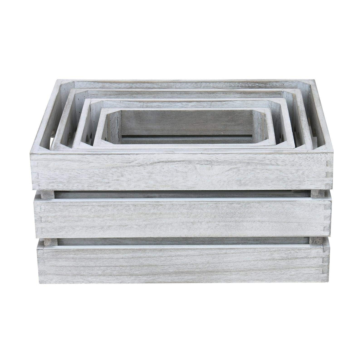 Hodge and Hodge Vintage Wooden Crate Set of 4 Slatted Fruit Boxes with Handles Natural Whitewash Finish