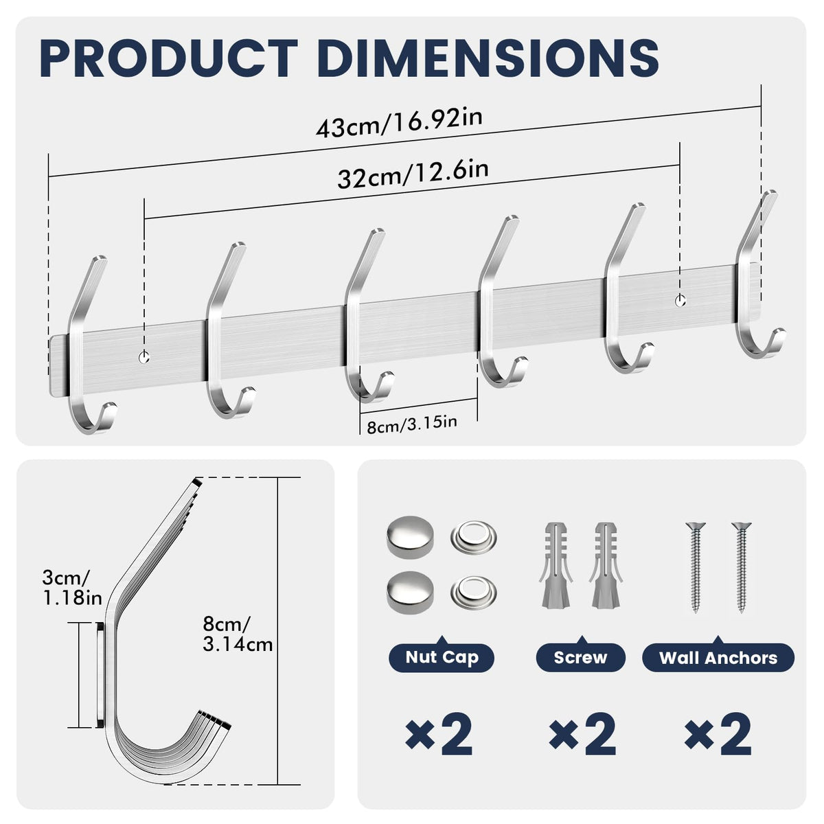 TINIFO Coat Hooks Wall Mounted - Stainless Steel Coat Rack 6 Hook, Silver